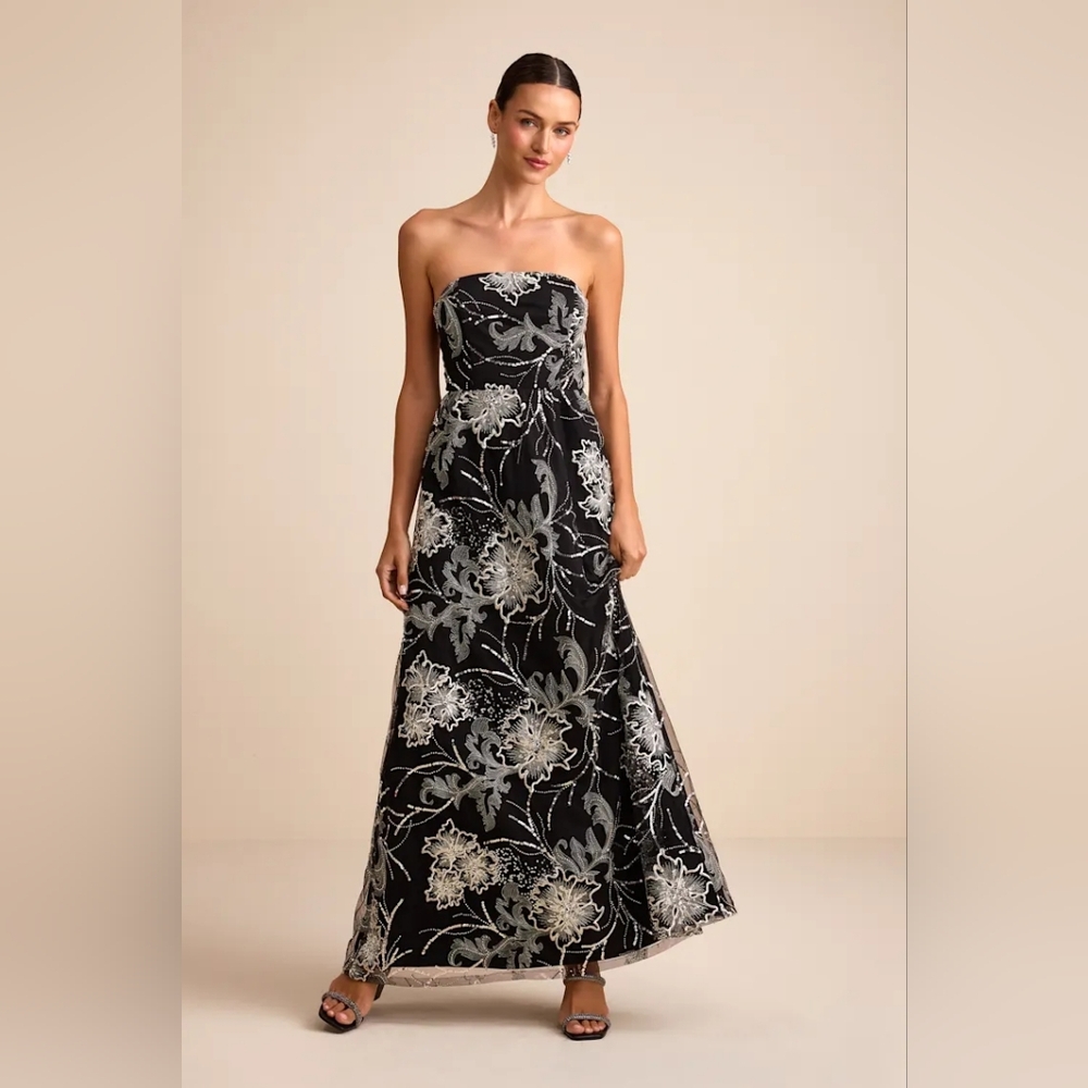 Lulus Tisdale Black and Silver Embroidered Strapless Maxi Dress S Black Silver